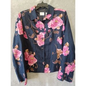 Emma James Blazer Sz 12 Butterfly Floral Print Navy Blue Pink Linen Blend Casual